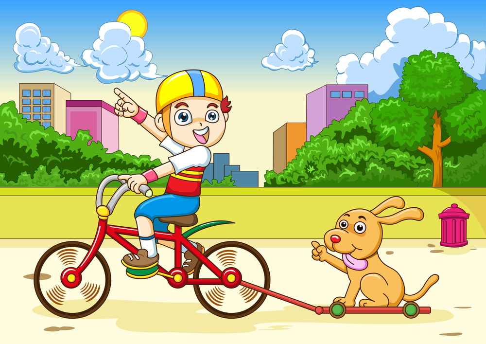 boy and dog Riding a bicycle