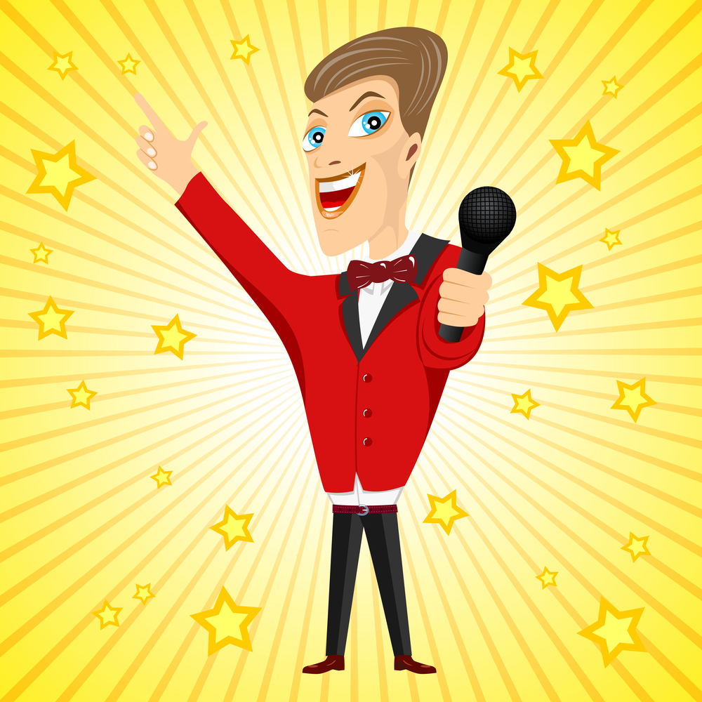 illustration of smiling successful young singer with microphone and red suit