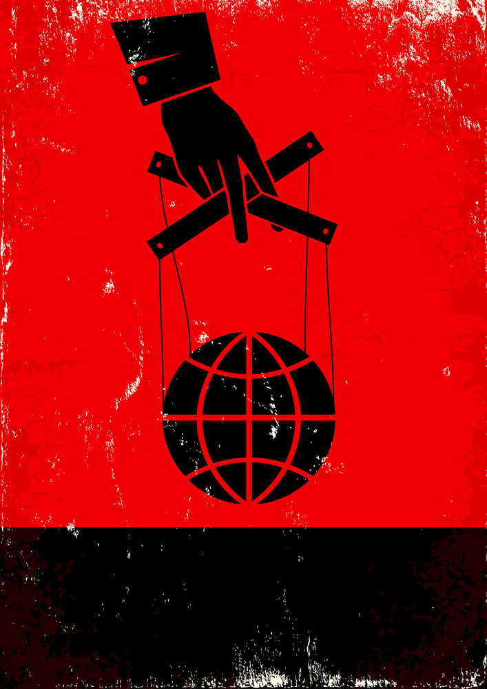Red and black poster with hand and globe