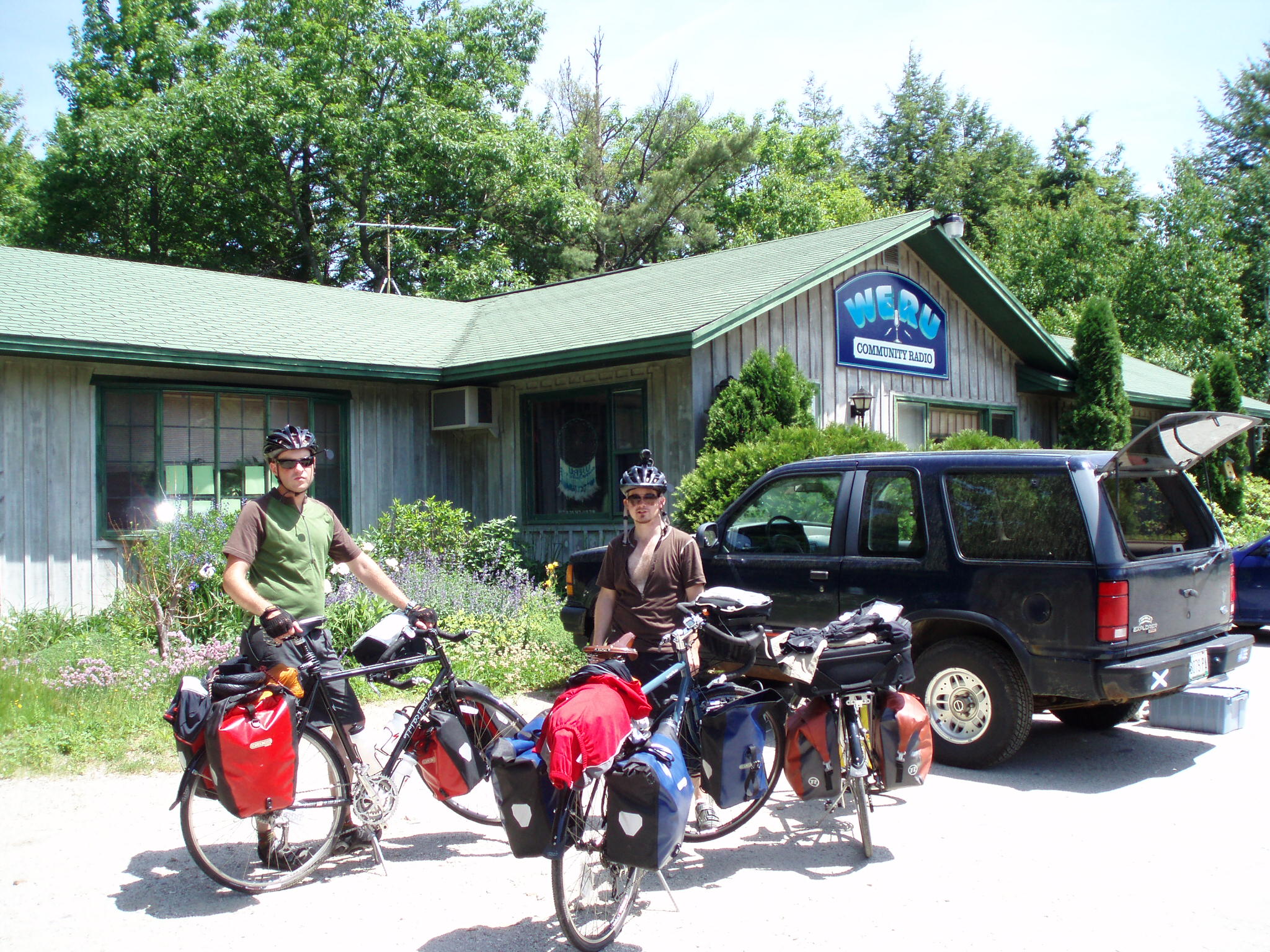 stopping by in front of a radio station during our long distance bike tour